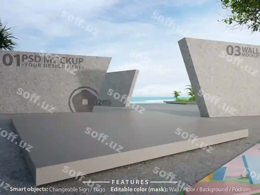 Psd mockup boyalangan logotip signa devor bilan tahrirlangan podium plo shafi asosiy fonda | Psd mockup painted logo sign wall with editable podium floor background