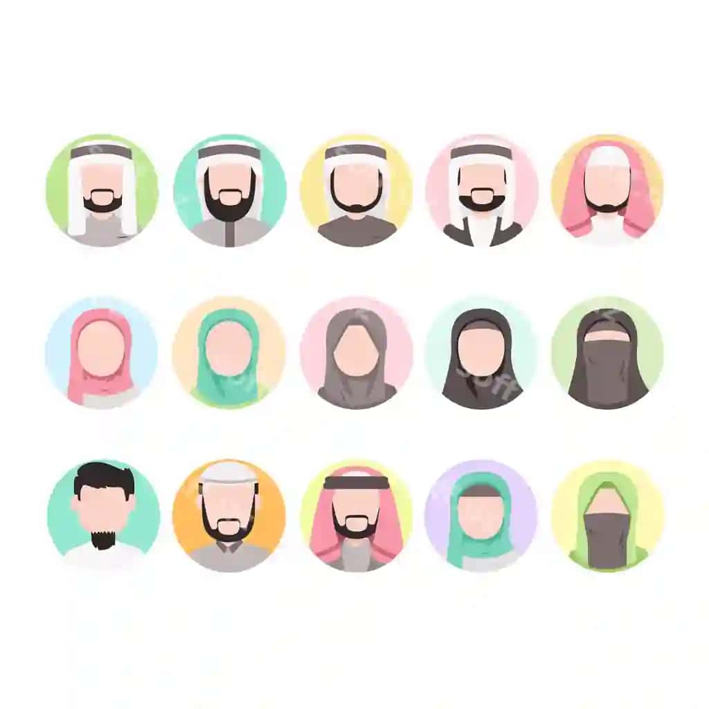 Tekis musulmon odamlar avatarlari to'plami karikatura chizmasi vektor | Flat muslim people avatar collection set cartoon illustration vector