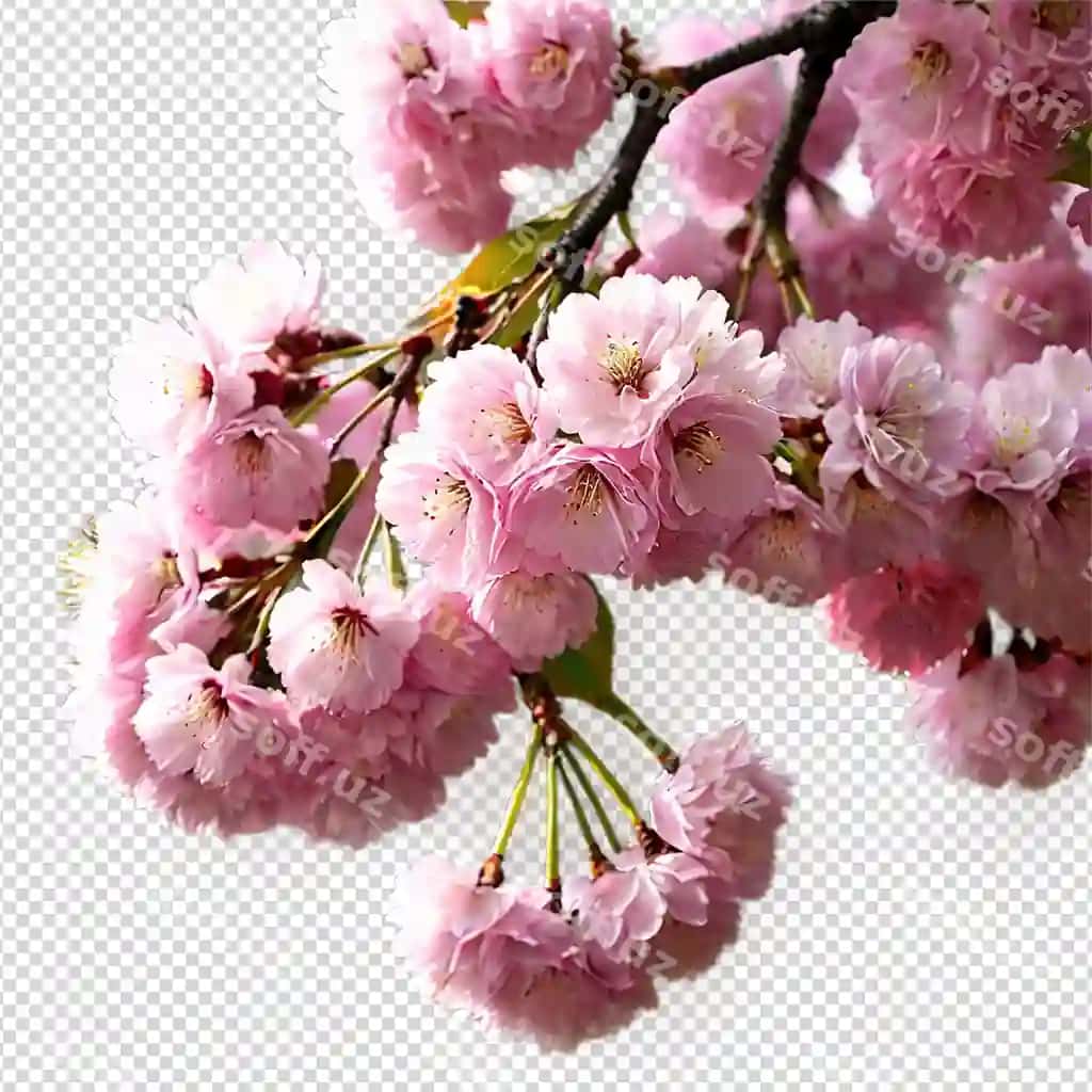 Olcha gullari daraq qizil gullar bilan shaffof orqa fonda | Cherry blossoms branch with pink flowers transparent background