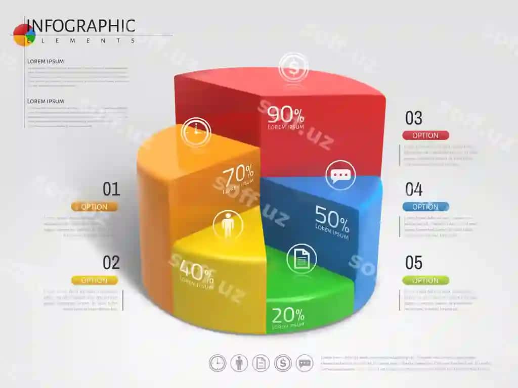 Infografika plastik teksturadagi rangli aylana diagrammasi | Pie chart infographic plastic texture pie chart with different colors