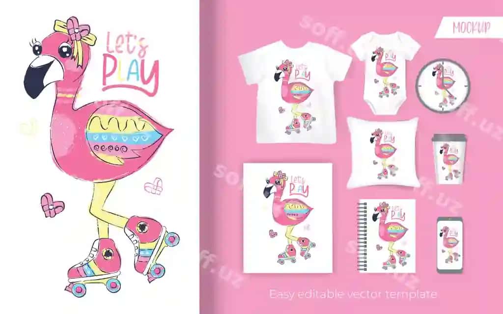 Chiroyli kichik flamingo roller bilan karyakatur | Cute little flamingo with roller skate cartoon