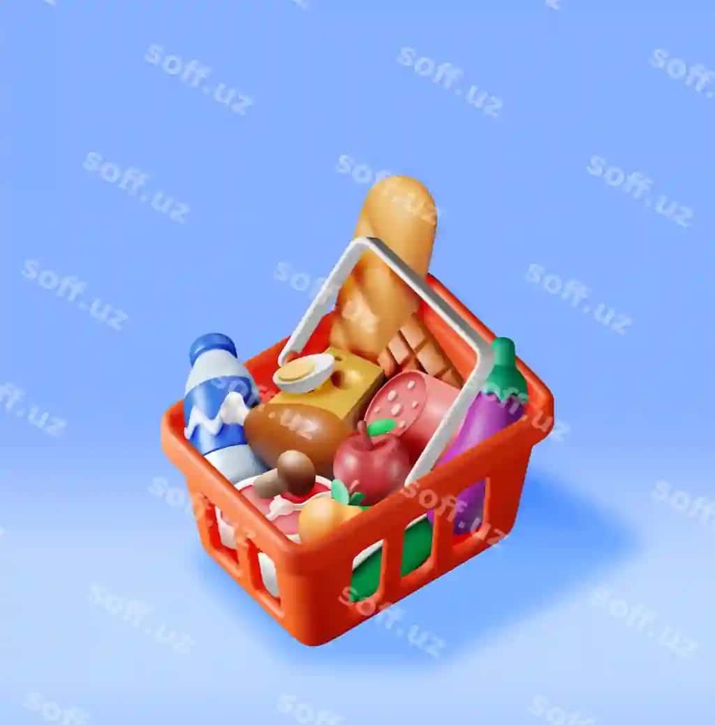 3D render xarid plastik savat yangi mahsulotlar bilan do'konda | 3d shopping plastic basket with fresh products render grocery store