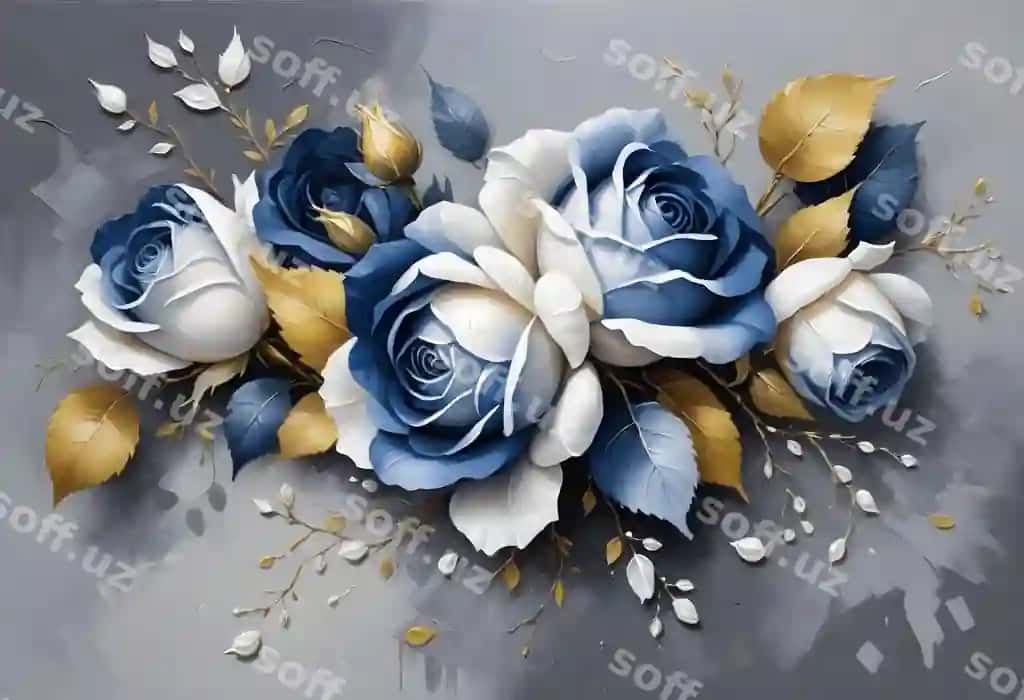 Buket ko'k atirgul o'ttiz barglar bilan o'ttiz barglar | Bouquet blue roses with gold leaves gold leaves