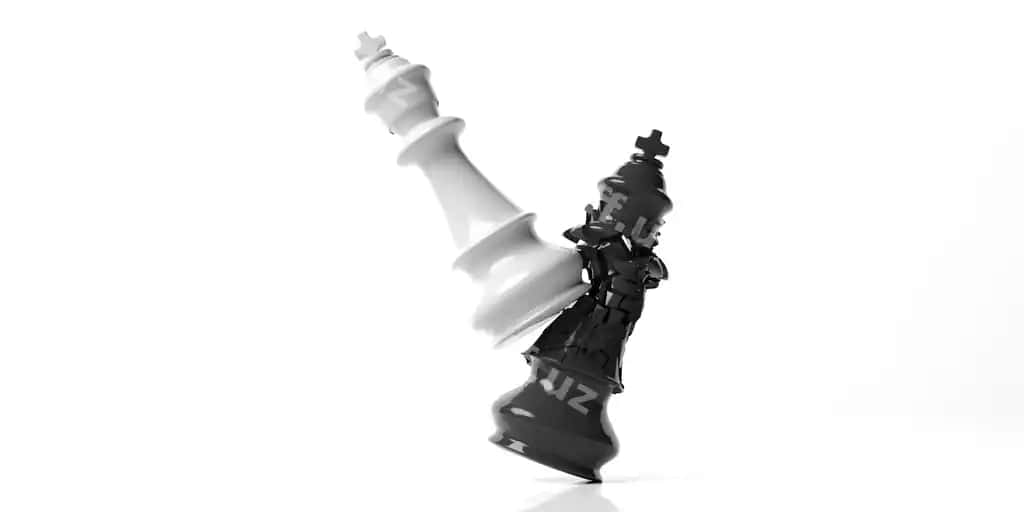 Qora shaxmat qirol oq qirol tomonidan yutqazilgan ajraltirilgan oq fon 3D illustratsiyasi | Black chess king broken by white king isolated white background 3d illustration