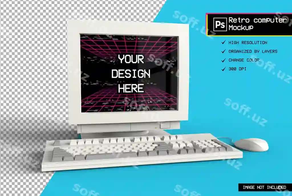 3D realistik ajraltirilgan retro kompyuter render mockup | 3d realistic isolated retro computer render mockup