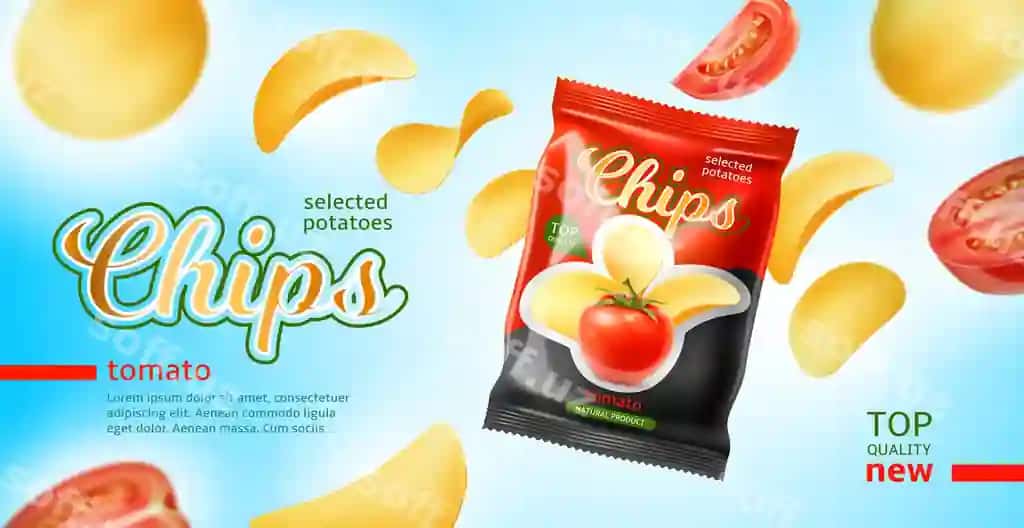 Realistik kartoshka chiplari plakati 3D sneklar reklama banneri uchuvchi | Realistic potato chips poster 3d snacks advertising banner flying