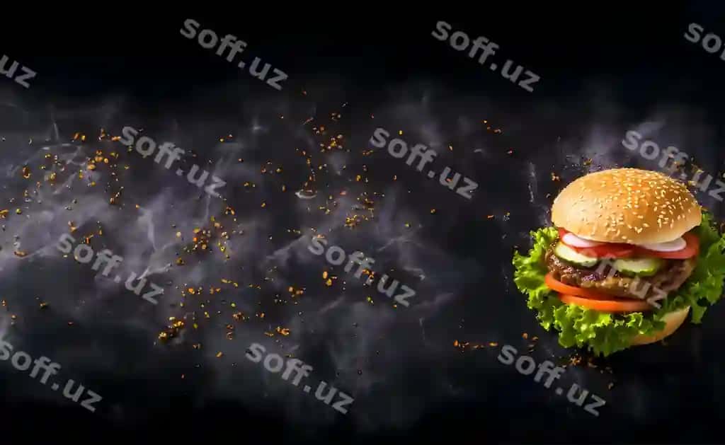 Gamburger souse bilan, qora fonda, fast-food reklama banneri konsepsiyasi | Hamburger with sauce dark background concept fast food advertising banner
