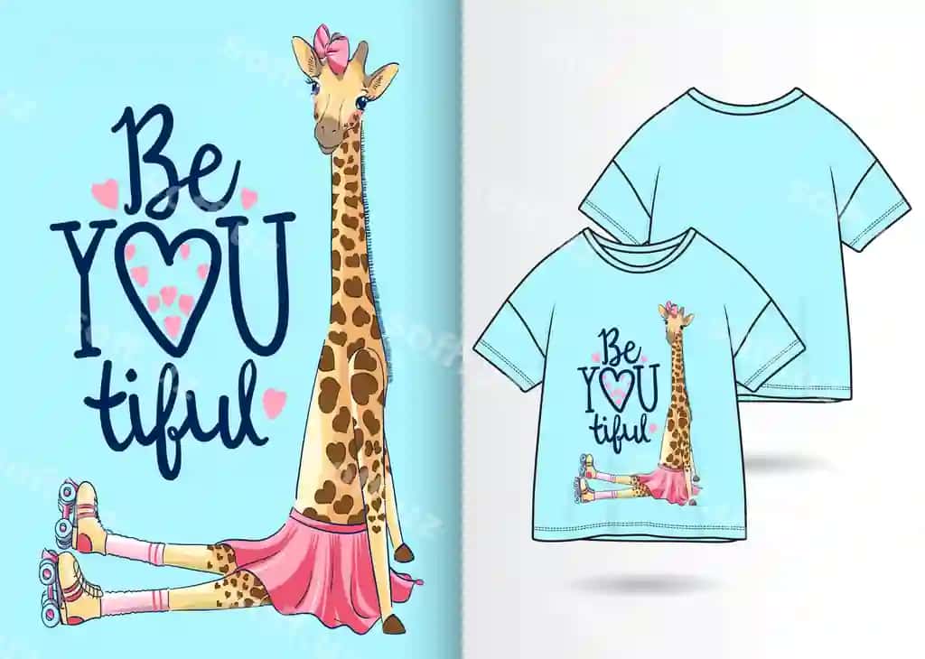 Qo'l bilan chizilgan sevimli giraffa rasmi futbolka dizayni bilan | Hand drawn cute giraffe illustration with t shirt design
