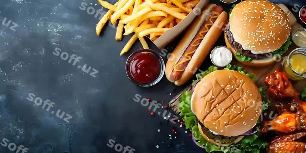 Amerikanskiy fast food sevimli taomlari hot-dog hamburger fri buffalo kanatlar koncept hot-dog hamburgerlar frantsiyalik kartoshka fri buffalo kanatlar fast food | American fast food delights hot dog hamburger fries buffalo wings concept hot dogs hamburgers french fries buffalo wings fast food