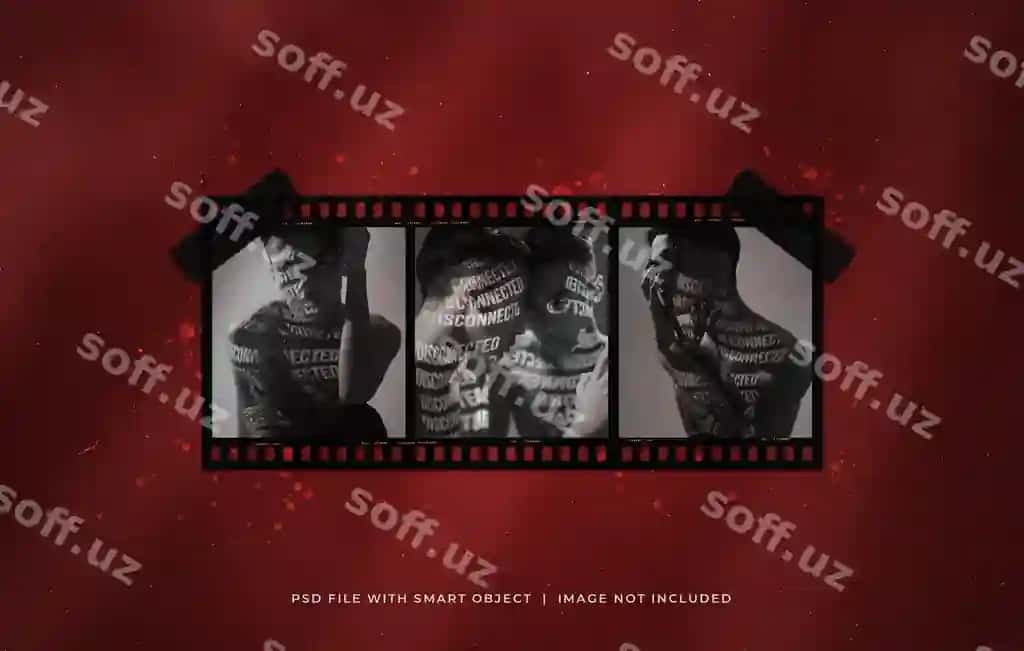 Vintage film lenta rasm ramkalar komplekti namunasi chiziqli qizilishlar bilan | Vintage filmstrip photo frame set mockup with ink blots