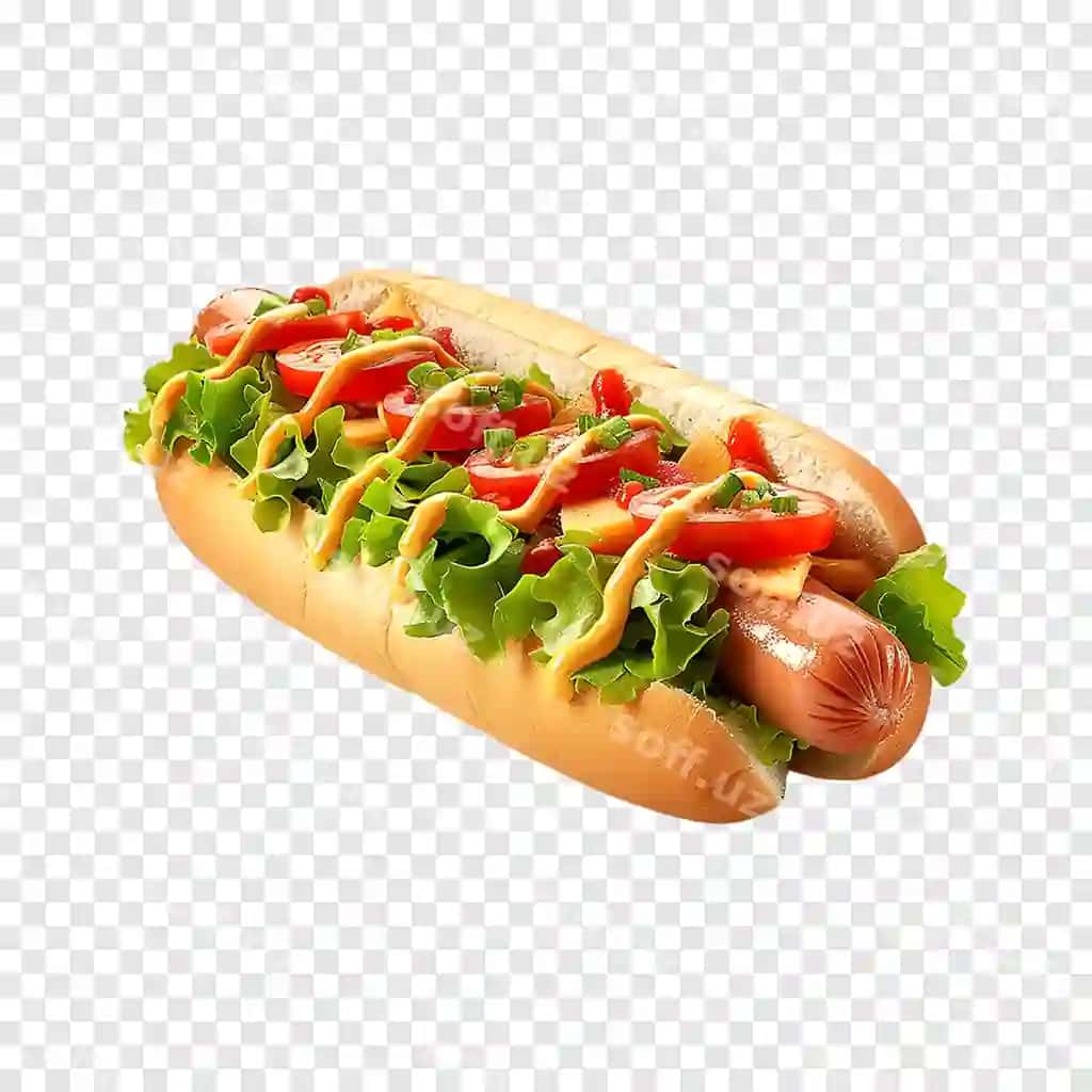 Hot dog salat bargi, pomidorlar, mustar bilan ajraltirilgan shaffof fon | Hot dog with lettuce tomatoes mustard isolated transparent background