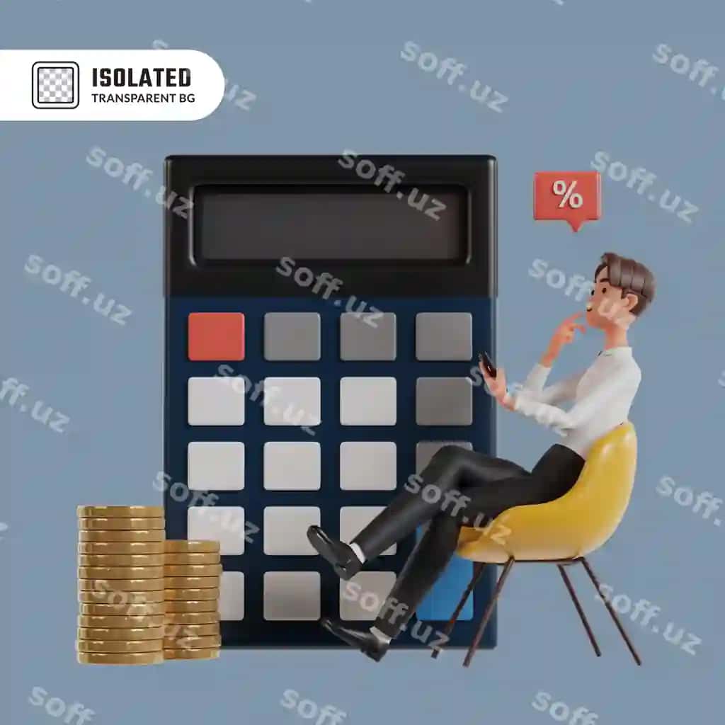 Illustratsiya erkak o'tirgan sariq stul oldida kalkulyator o'ylayotgan. | Illustration man sitting yellow chair front calculator thinking