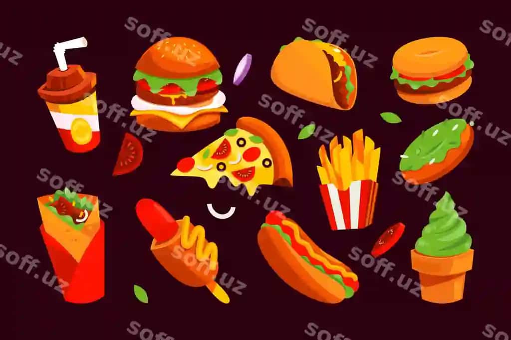 Fastfood restoran karyakatur ikonkalar komplekti | Fastfood restaurant cartoon icons set