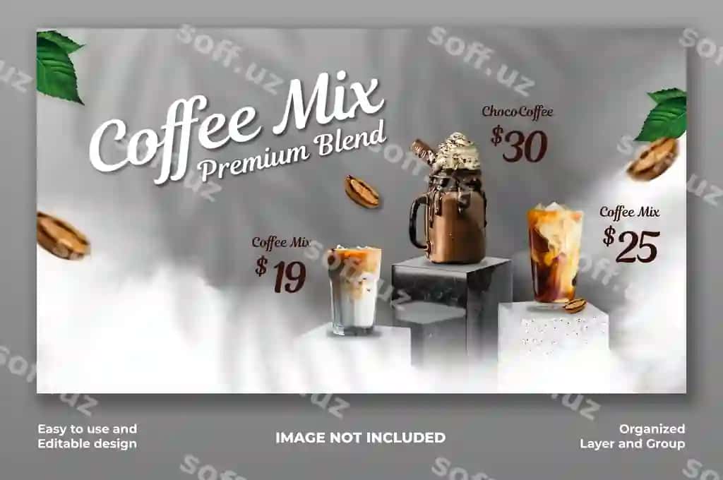 Kofe buyurtma menyu reklamasi ijtimoiy tarmoqlar uchun veb baner shabloni | Coffee shop drink menu promotion social media web banner template