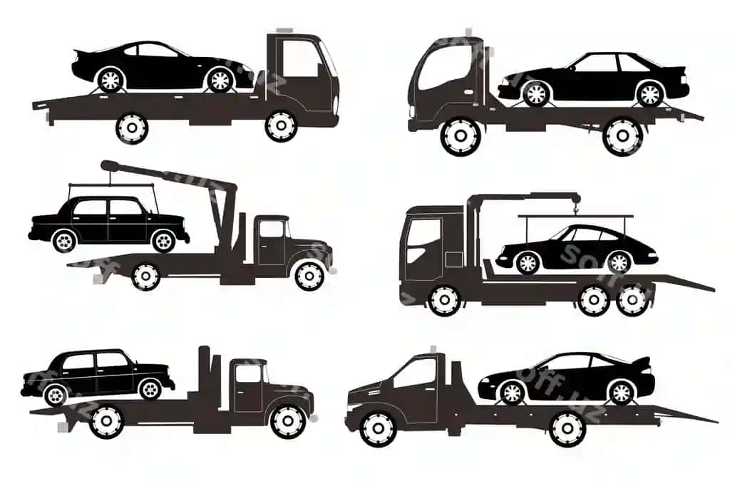 Tirjima moshina siluetlari logotiplari ikonkalari to'plami | Set tow truck silhouettes logos icons