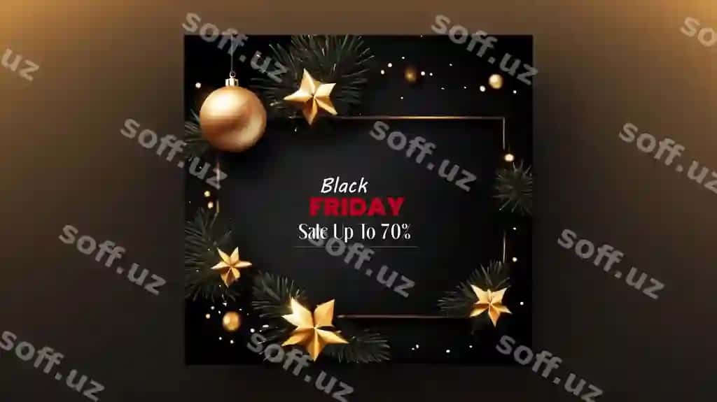 Qora Juma baneri oltin qor bobolari bilan | Black friday banner with golden snowflakes