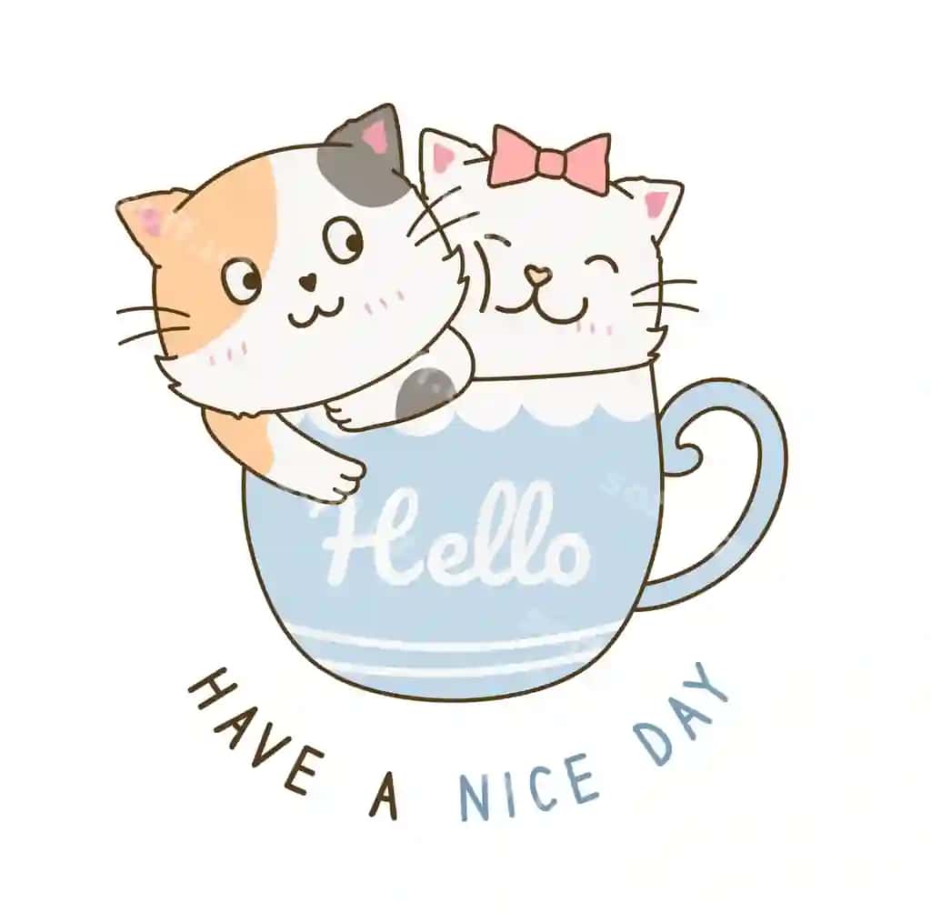 Yoqimli mushuk juftligi salom berish kossa qahvo oddiy qo'lchizilgan doodle karyakatur | Cute cat couple greeting cup coffee simple hand drawn doodle cartoon