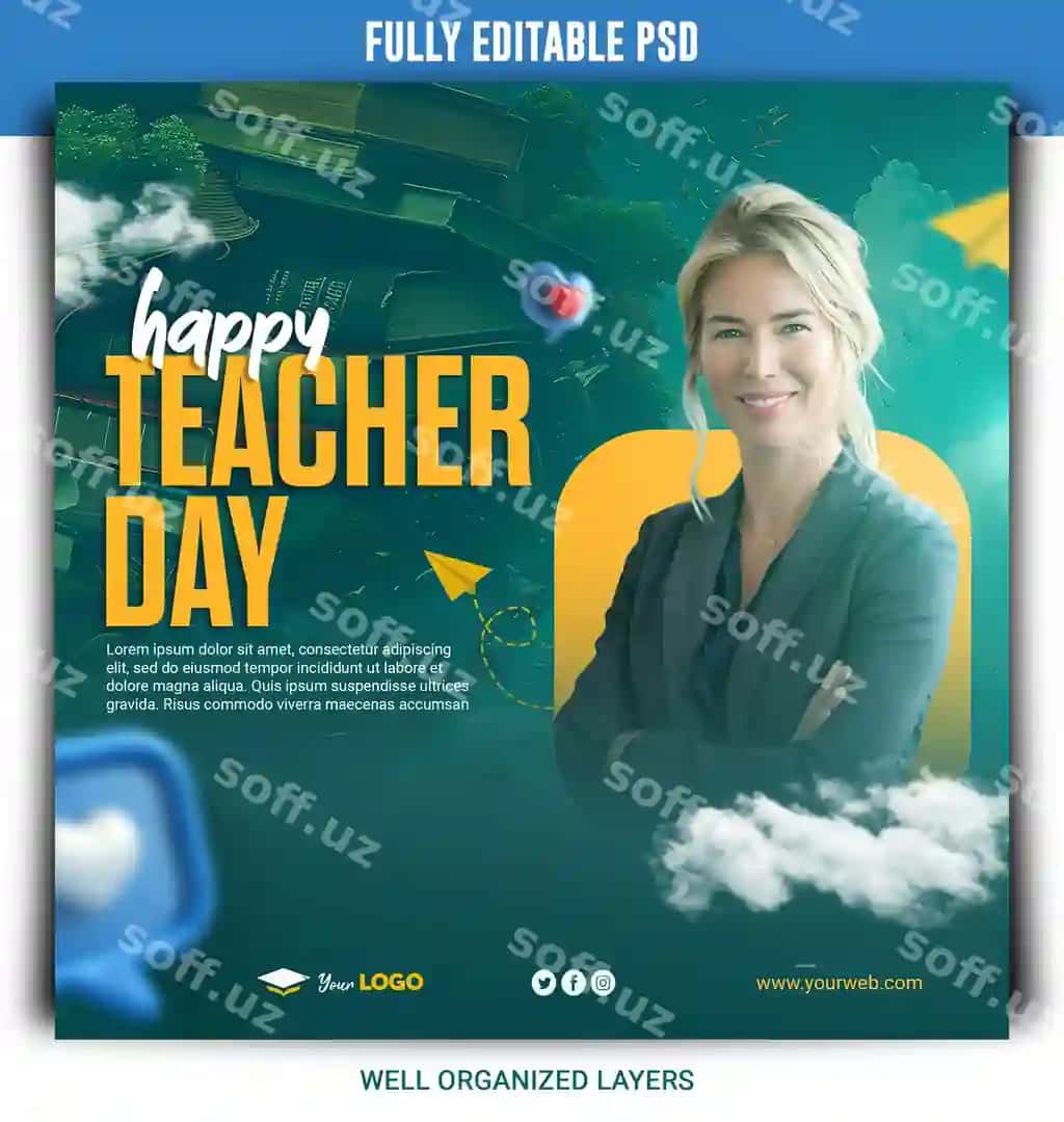 Psd baxtli o'qituvchi kuni tabriklari ijtimoiy tarmoqlar uchun binafol ranglarda tahrirlangan fon | Psd happy teacher day background social media with colorful editable