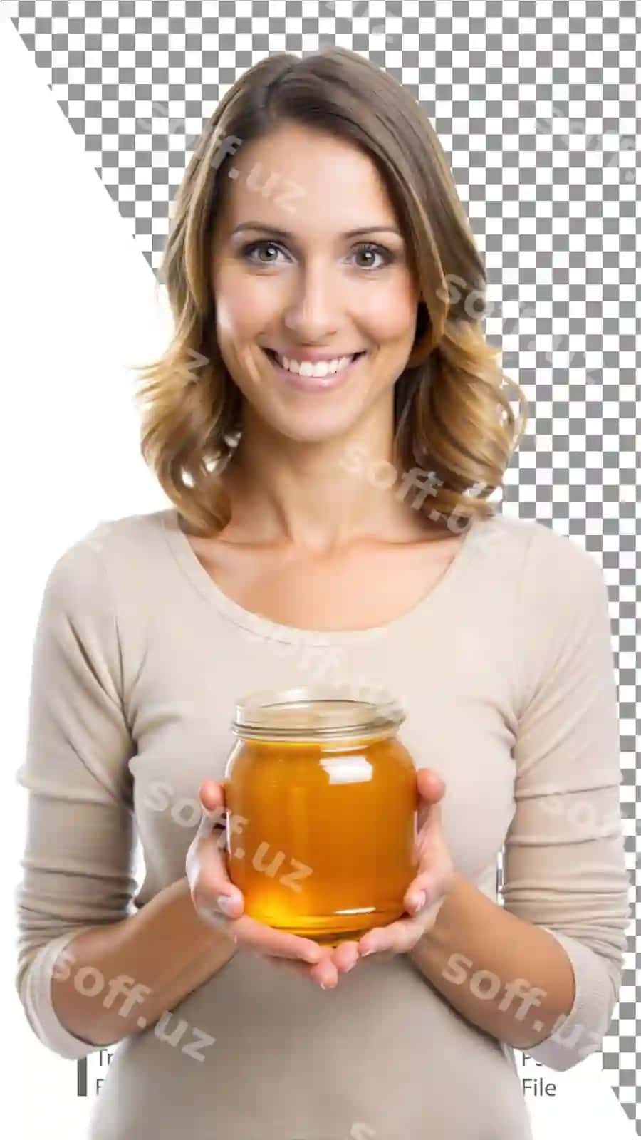 Ayol shirinlik bankasini tutgan gulman | Woman holding jar honey smiling
