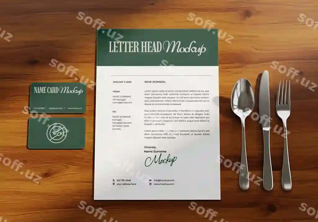 Chiroyli restoran brendirovka qog'ozlar namunasi xinli stol qozonlar bilan | Elegant restaurant branding stationery mockup with cutlery wood