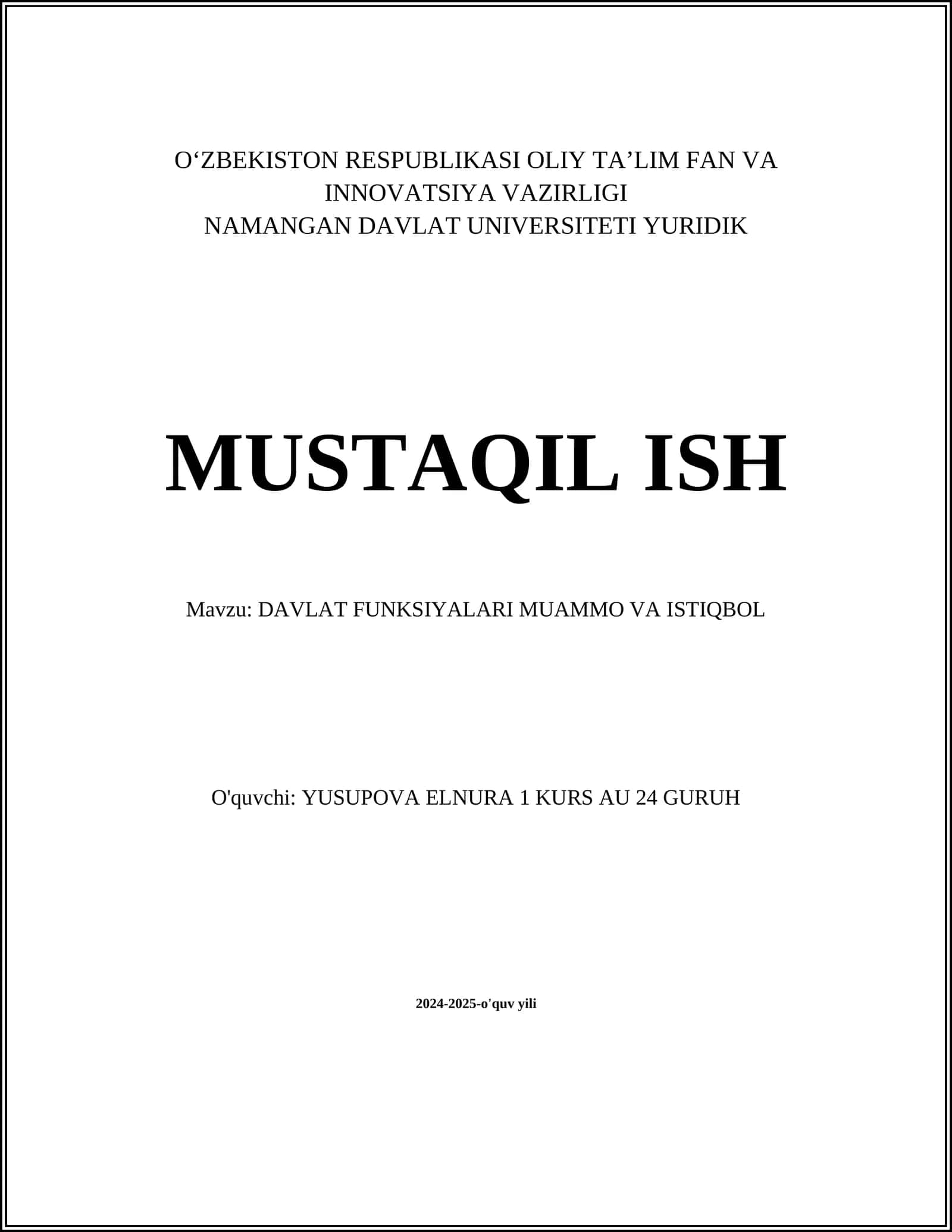 DAVLAT FUNKSIYALARI MUAMMO VA ISTIQBOL