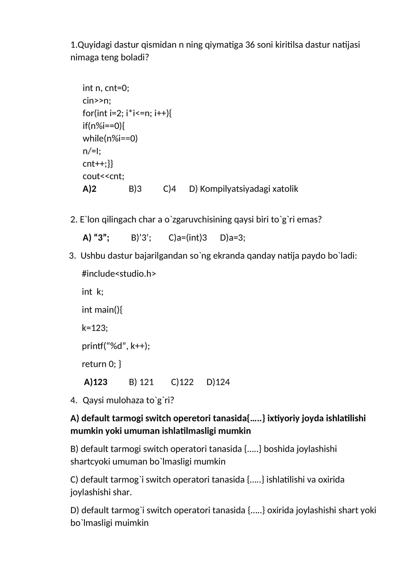 E`lon qilingach char a o`zgaruvchisining qaysi biri to`g`ri emas?