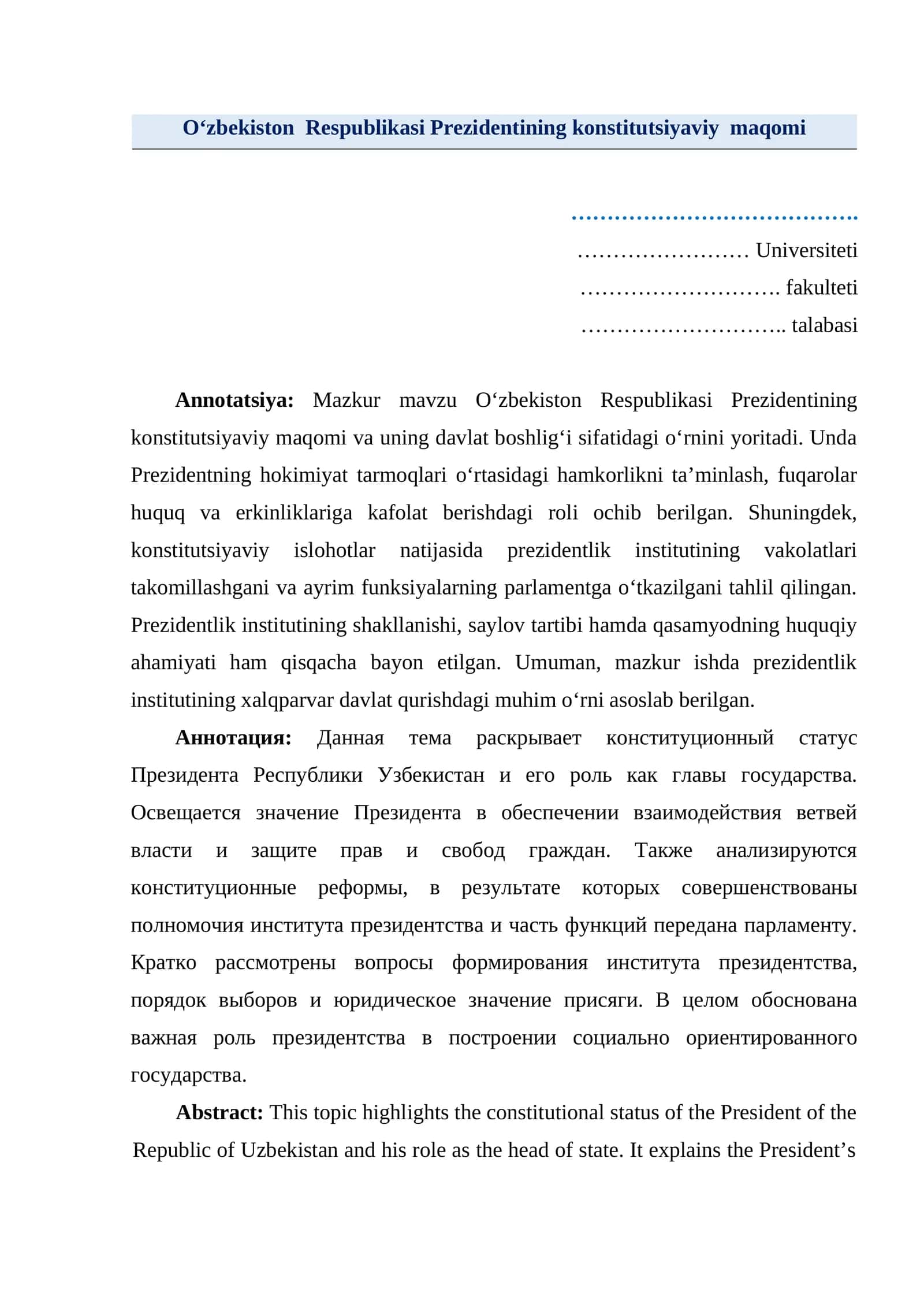 Oʻzbekiston Respublikasi Prezidentining konstitutsiyaviy maqomi