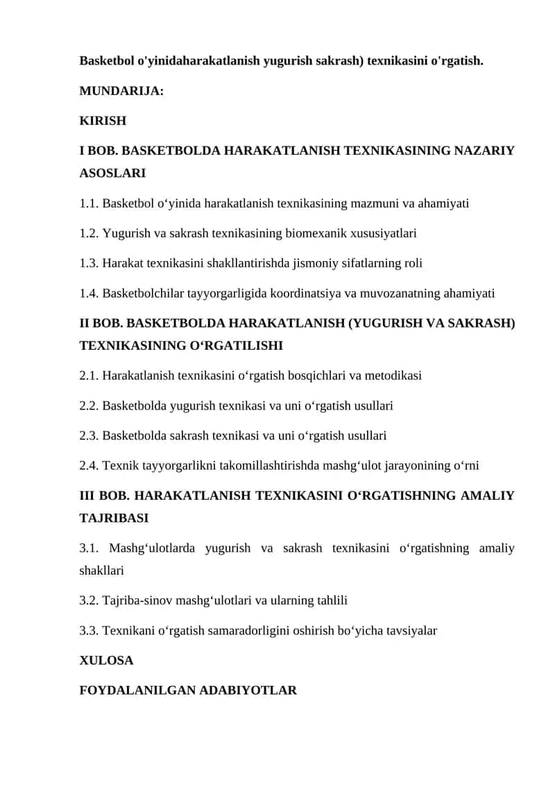 Basketbol o'yinidaharakatlanish yugurish sakrash) texnikasini o'rgatish