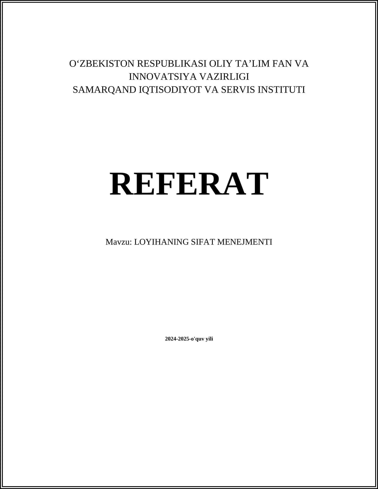 LOYIHANING SIFAT MENEJMENTI