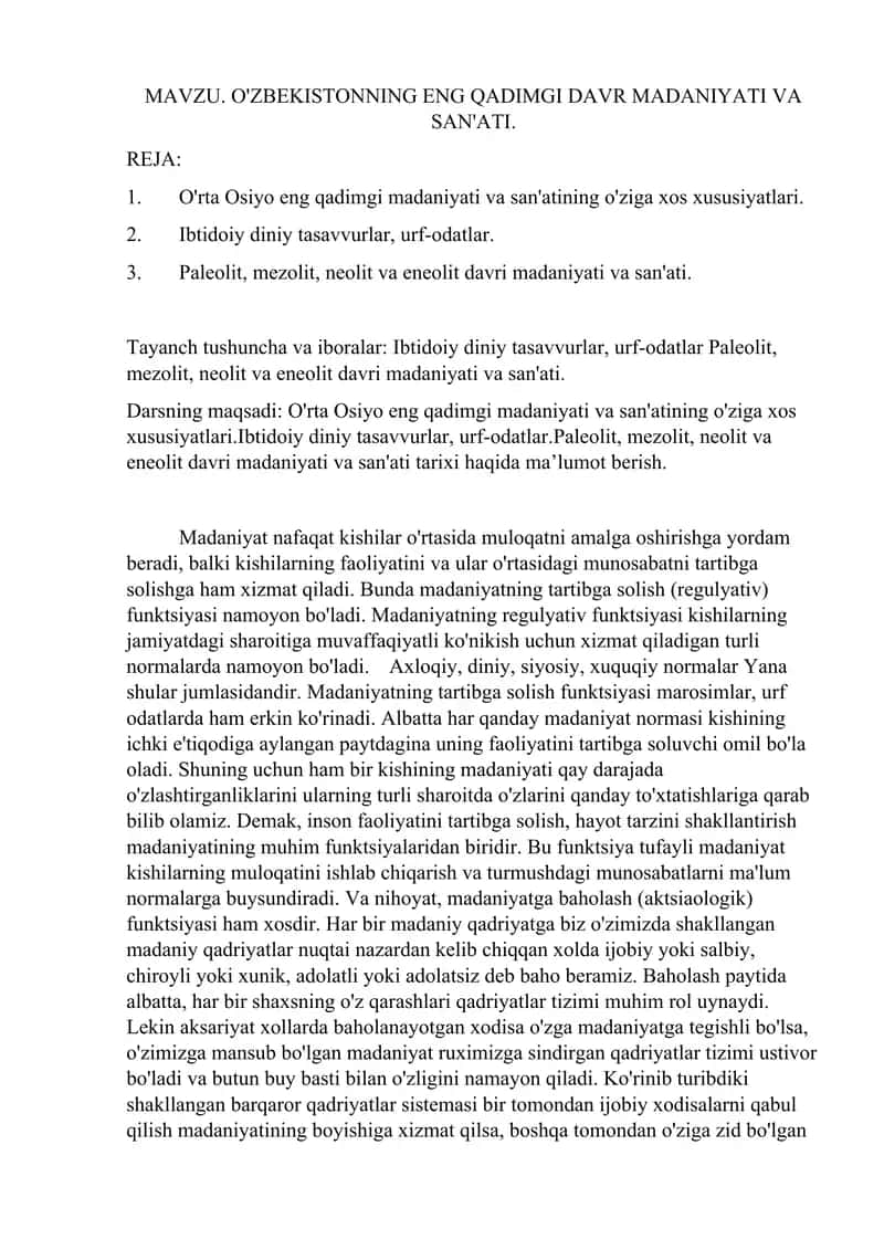 O'ZBEKISTONNING ENG QADIMGI DAVR MADANIYATI VA SAN'ATI.