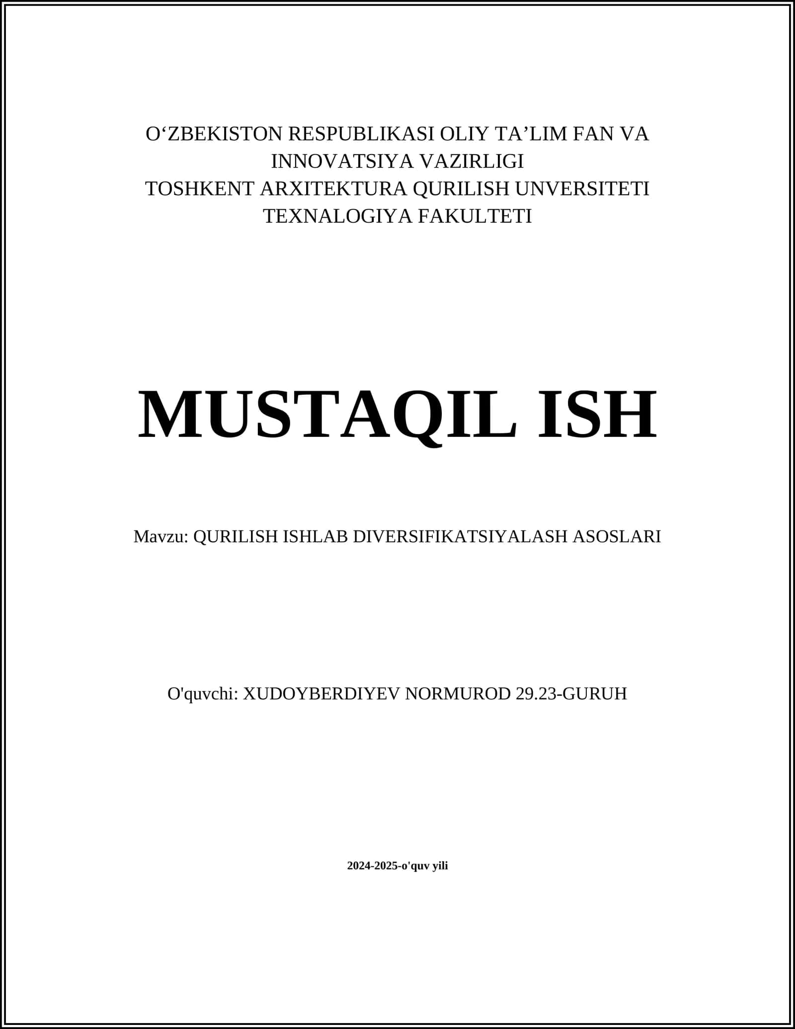 QURILISH ISHLAB DIVERSIFIKATSIYALASH ASOSLARI