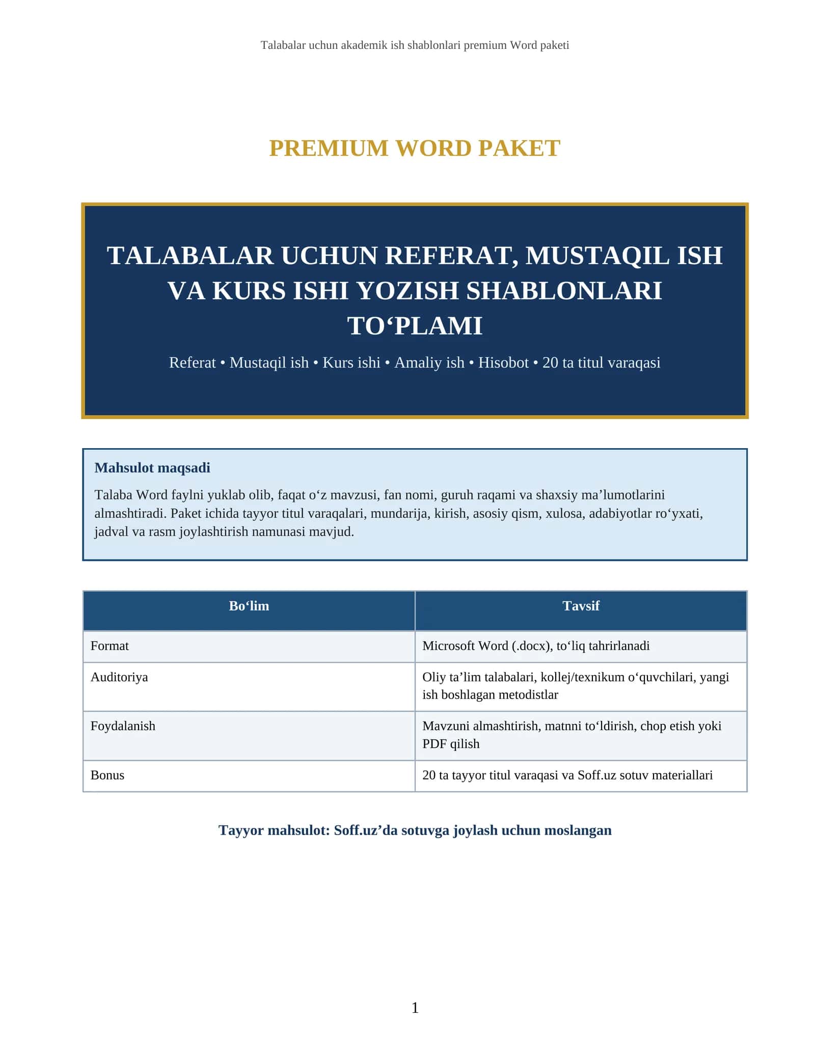 TALABALAR UCHUN REFERAT, MUSTAQIL ISH VA KURS ISHI YOZISH SHABLONLARI TO‘PLAMI