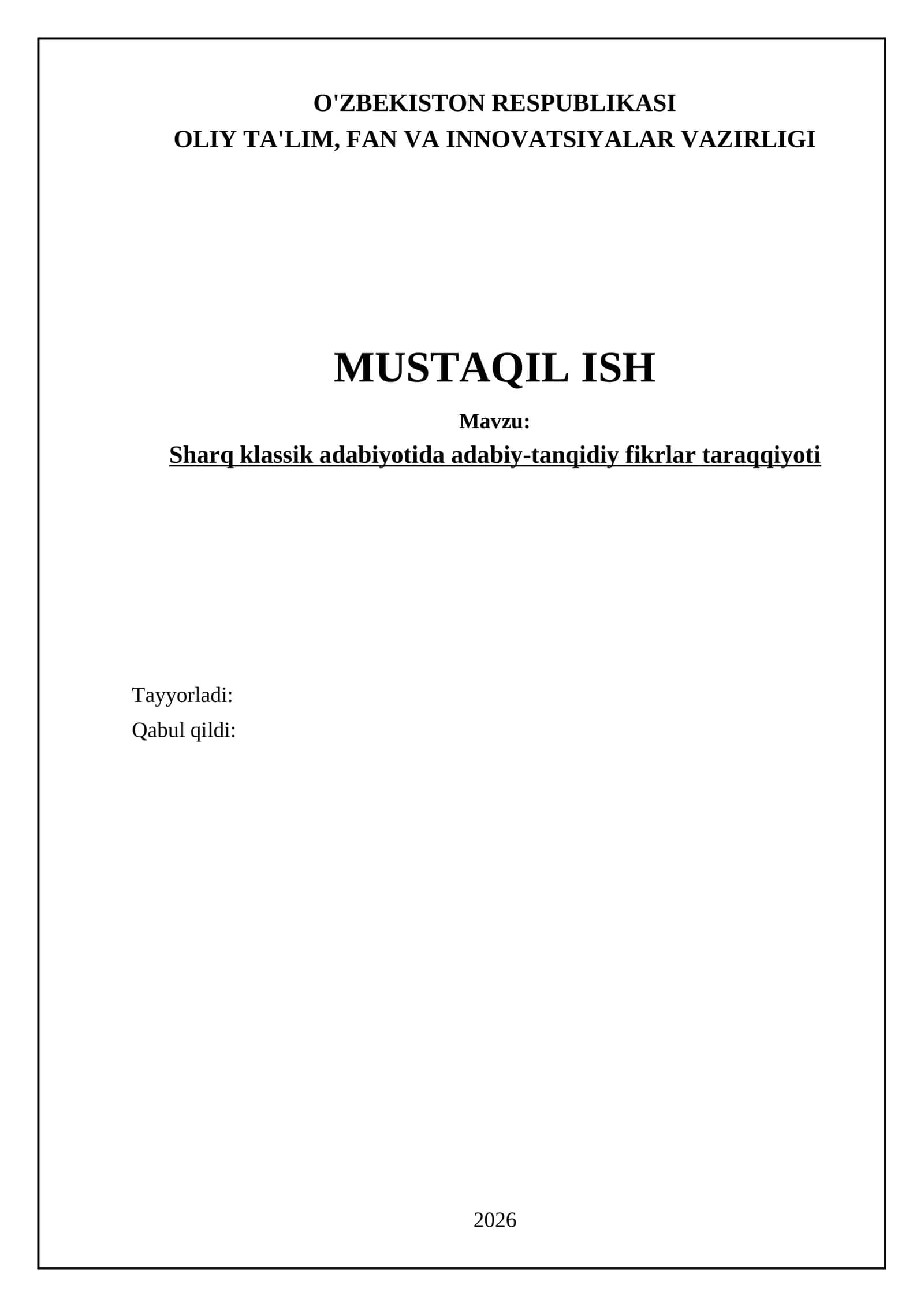 Sharq klassik adabiyotida adabiy-tanqidiy fikrlar taraqqiyoti