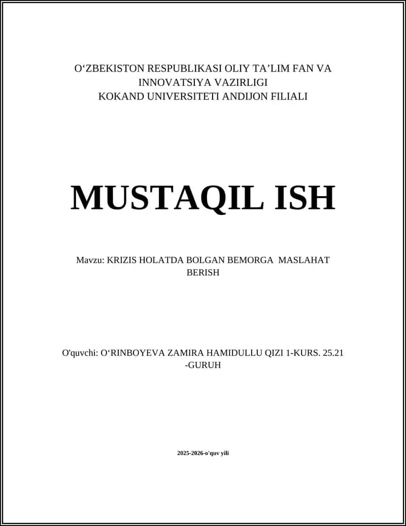 KRIZIS HOLATDA BOLGAN BEMORGA MASLAHAT BERISH