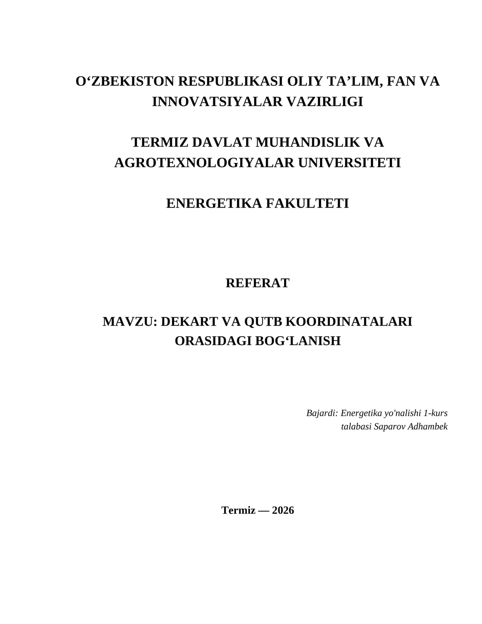 DEKART VA QUTB KOORDINATALARI ORASIDAGI BOG‘LANISH