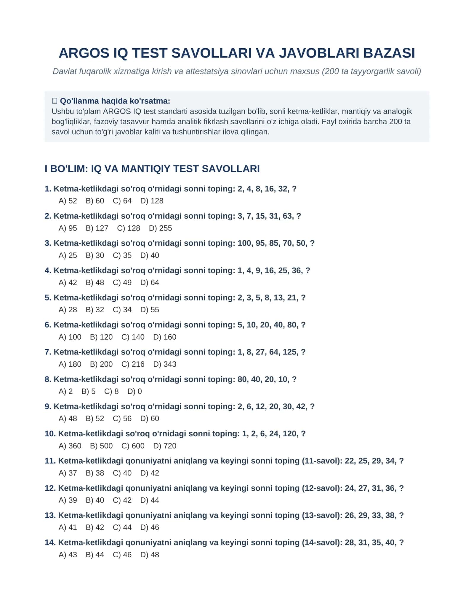 ARGOS IQ Test Savollari va To'liq Javoblari (Davlat xizmatchilari uchun)