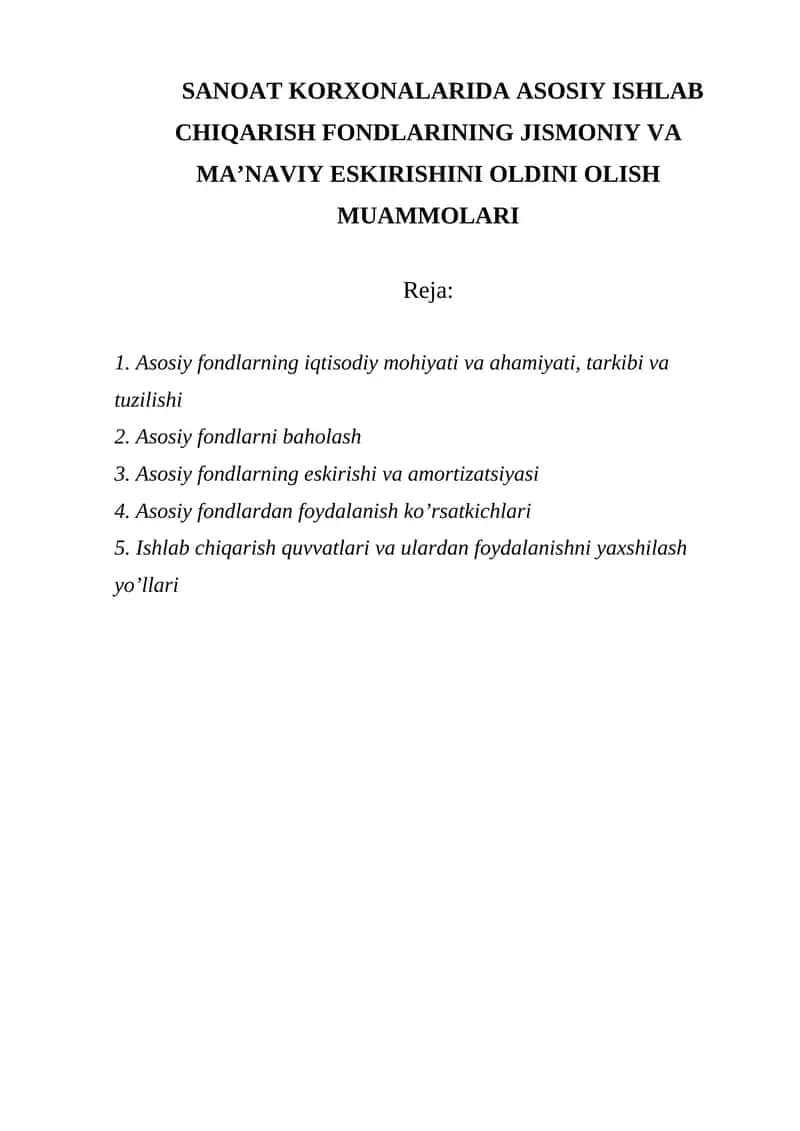 Sanoat korxonalarida asosiy ishlab chiqarish fondlari