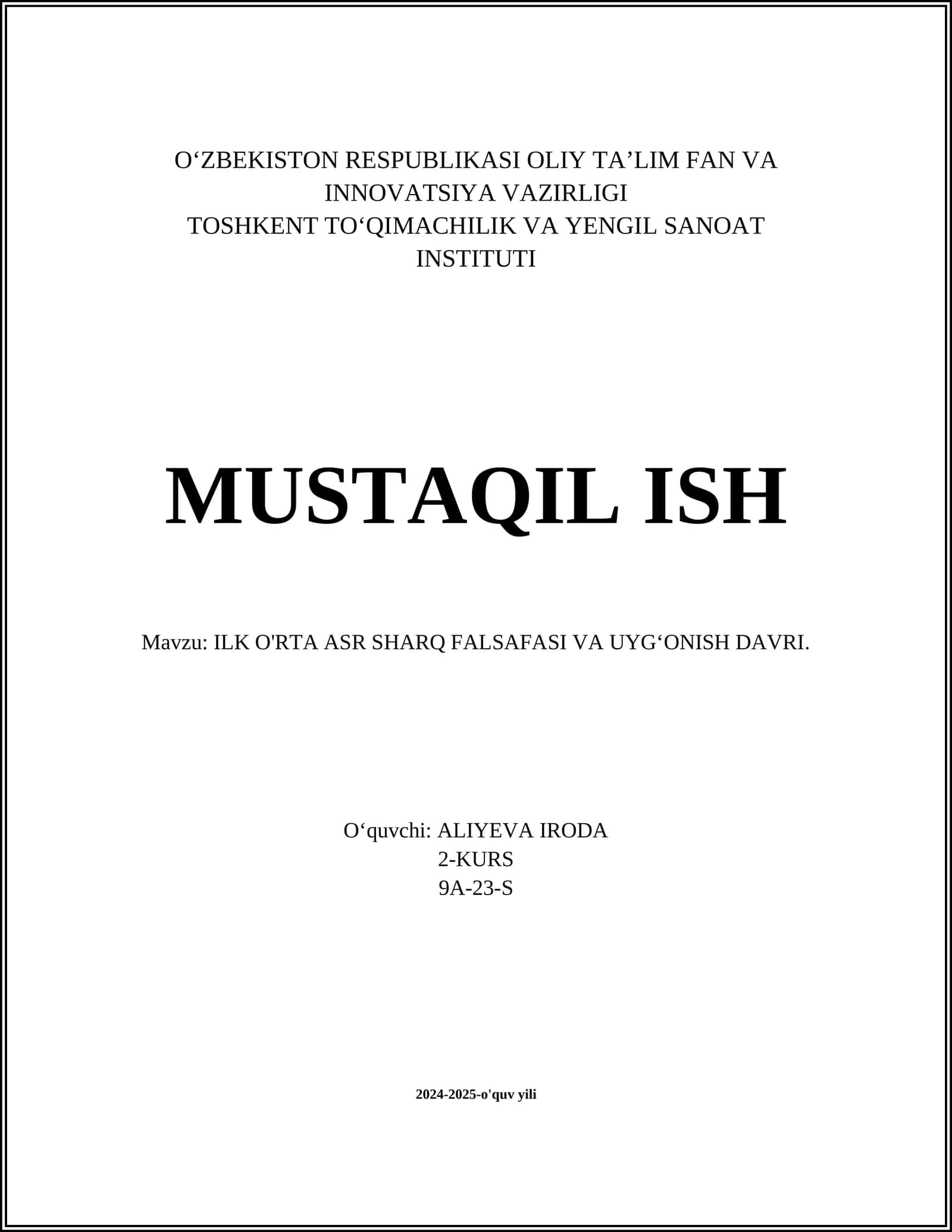 ILK O'RTA ASR SHARQ FALSAFASI VA UYGʻONISH DAVRI
