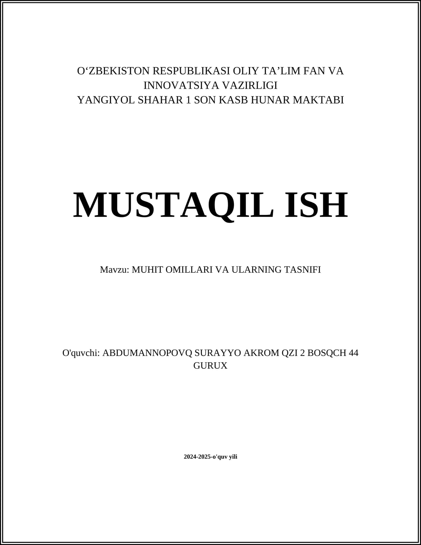 MUHIT OMILLARI VA ULARNING TASNIFI