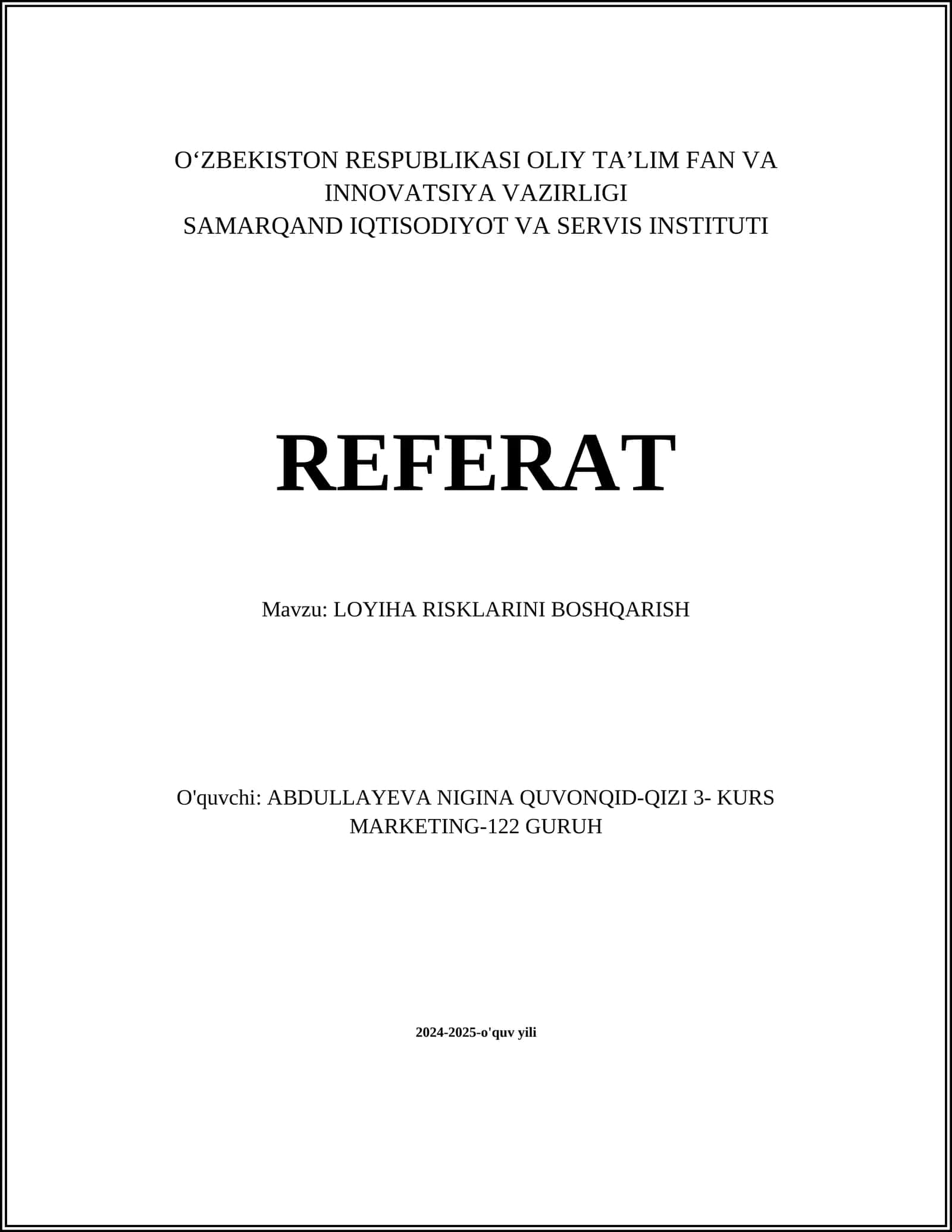 LOYIHA RISKLARINI BOSHQARISH
