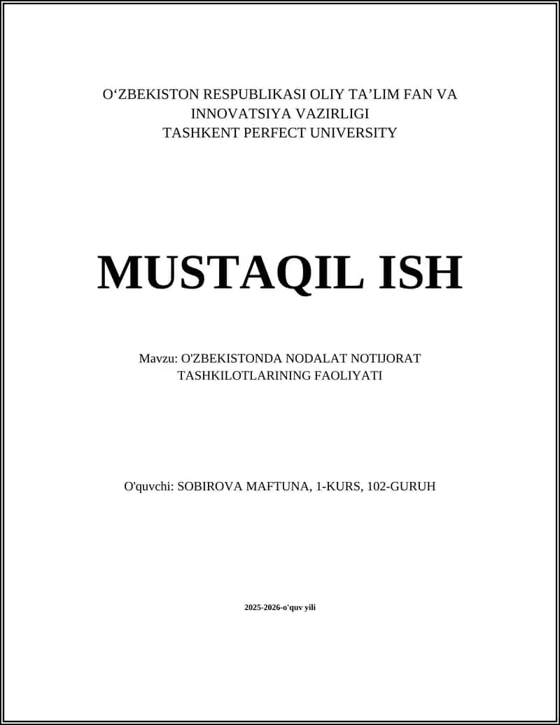 O'ZBEKISTONDA NODALAT NOTIJORAT TASHKILOTLARINING FAOLIYATI