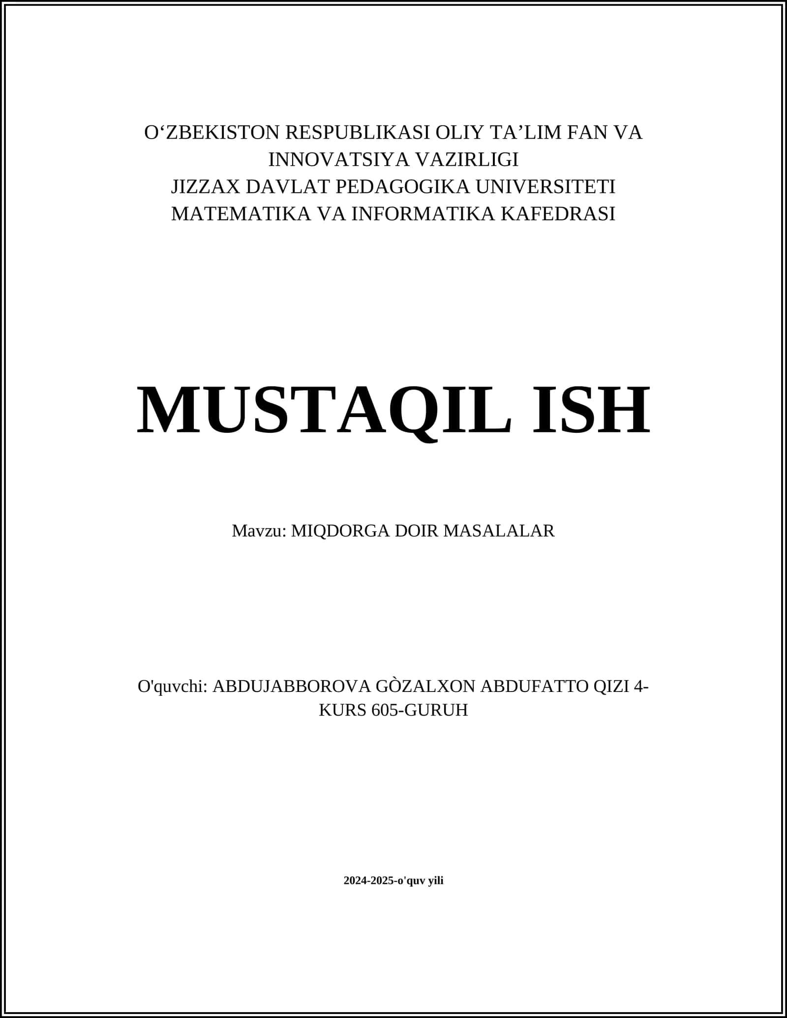 MIQDORGA DOIR MASALALAR