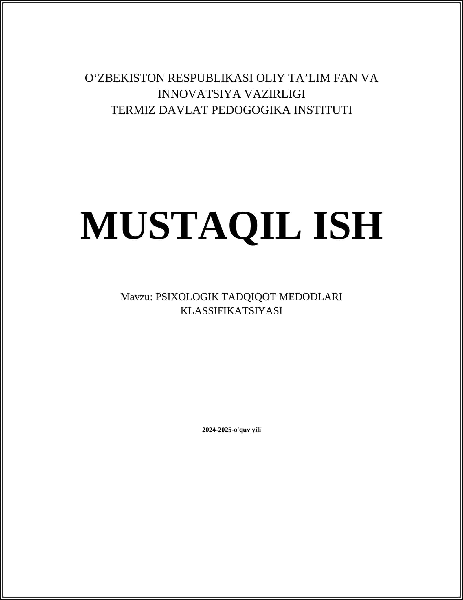 PSIXOLOGIK TADQIQOT MEDODLARI KLASSIFIKATSIYASI