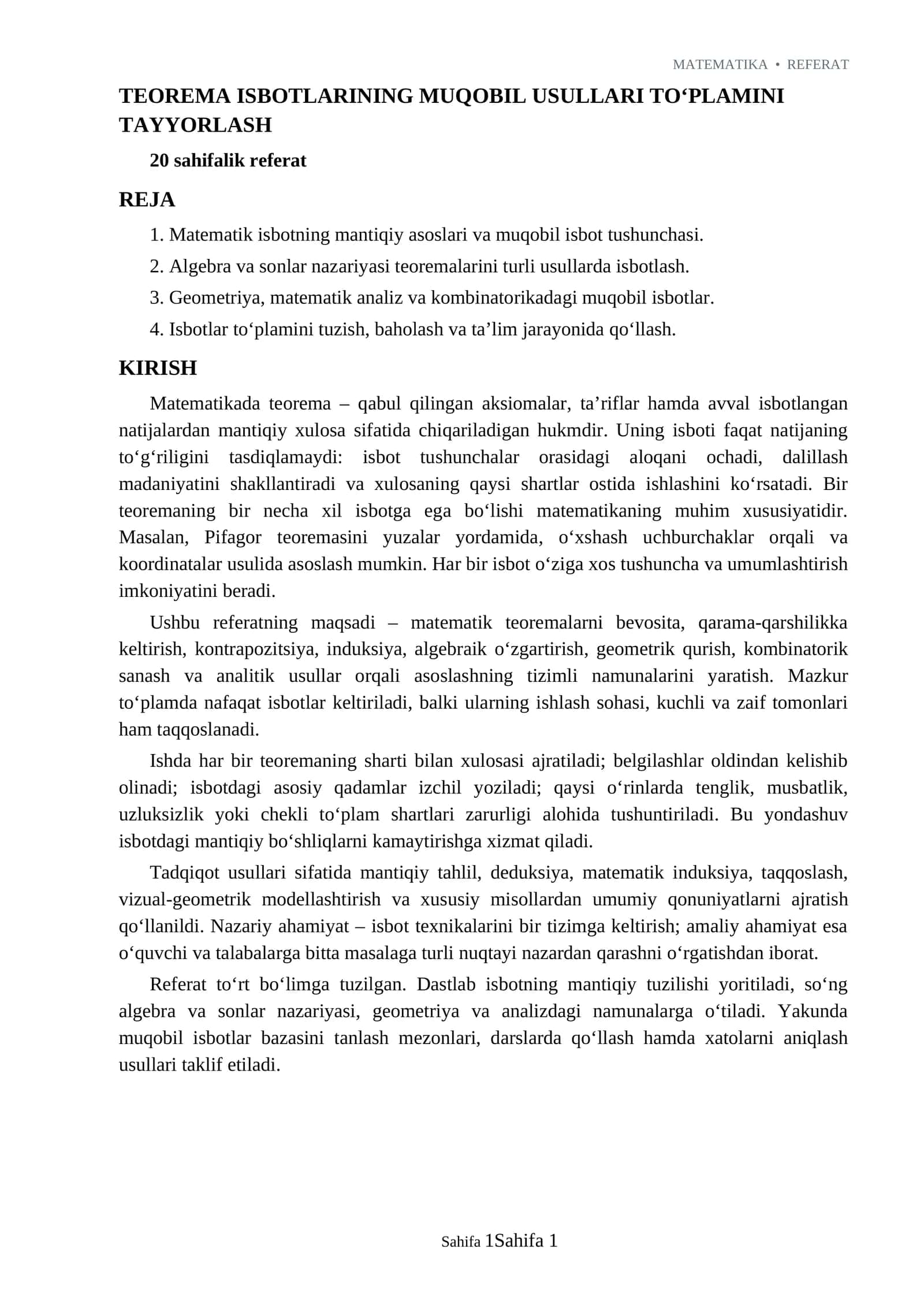 TEOREMA ISBOTLARINING MUQOBIL USULLARI TO‘PLAMINI TAYYORLASH