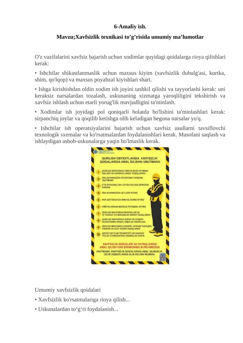 Xavfsizlik texnikasi to’g’risida umumiy ma’lumotlar