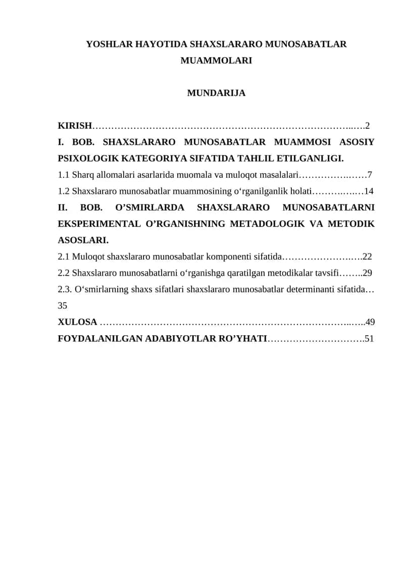 YOSHLAR HAYOTIDA SHAXSLARARO MUNOSABATLAR MUAMMOLARI
