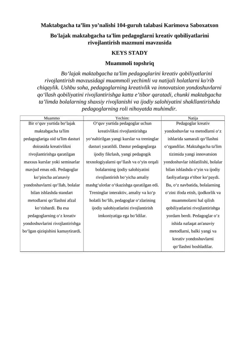 Bo'lajak maktabgacha ta'lim pedagoglarni kreativ qobiliyatlarini rivojlantirish mazmuni