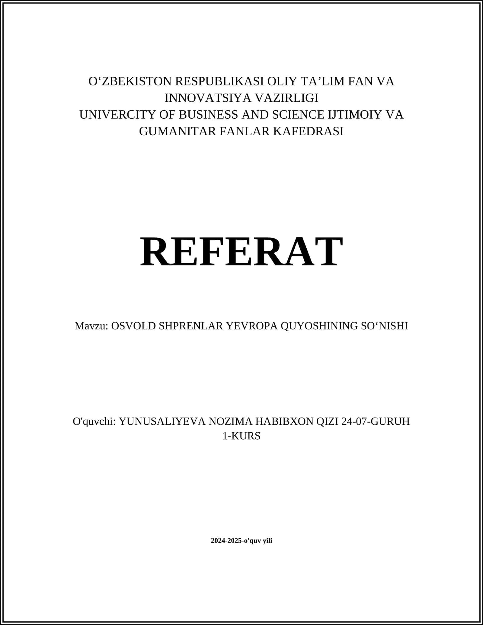 OSVOLD SHPRENLAR YEVROPA QUYOSHINING SOʻNISHI