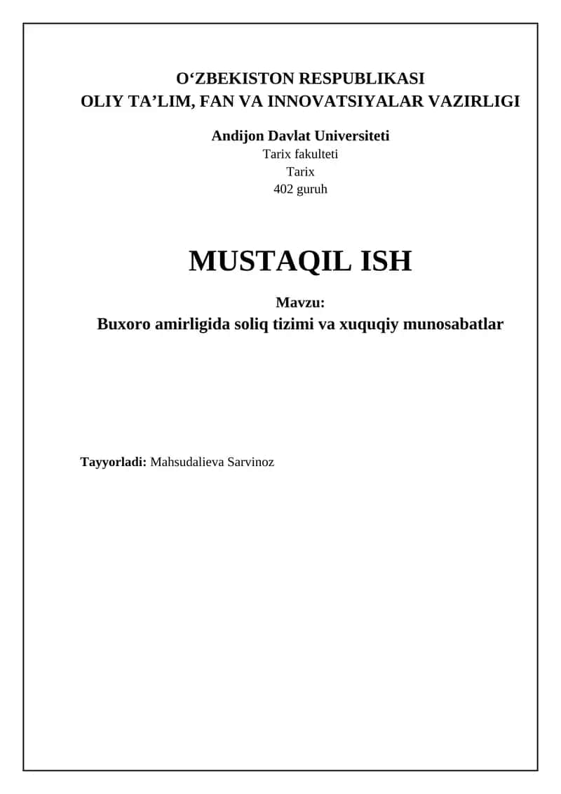 Buxoro amirligida soliq tizimi va huquqiy munosabatlar
