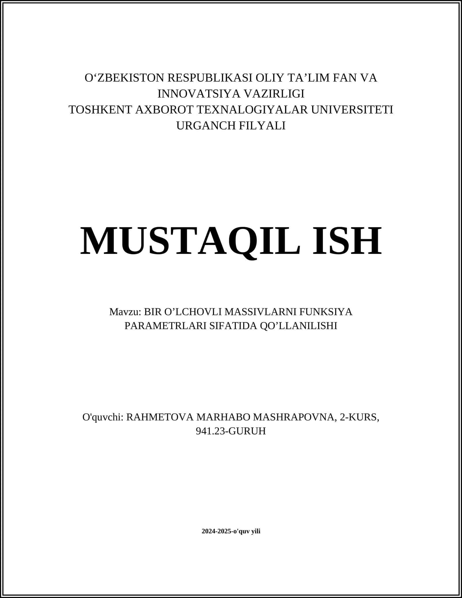 BIR O'LCHOVLI MASSIVLARNI FUNKSIYA PARAMETRLARI SIFATIDA QOʼLLANILISHI